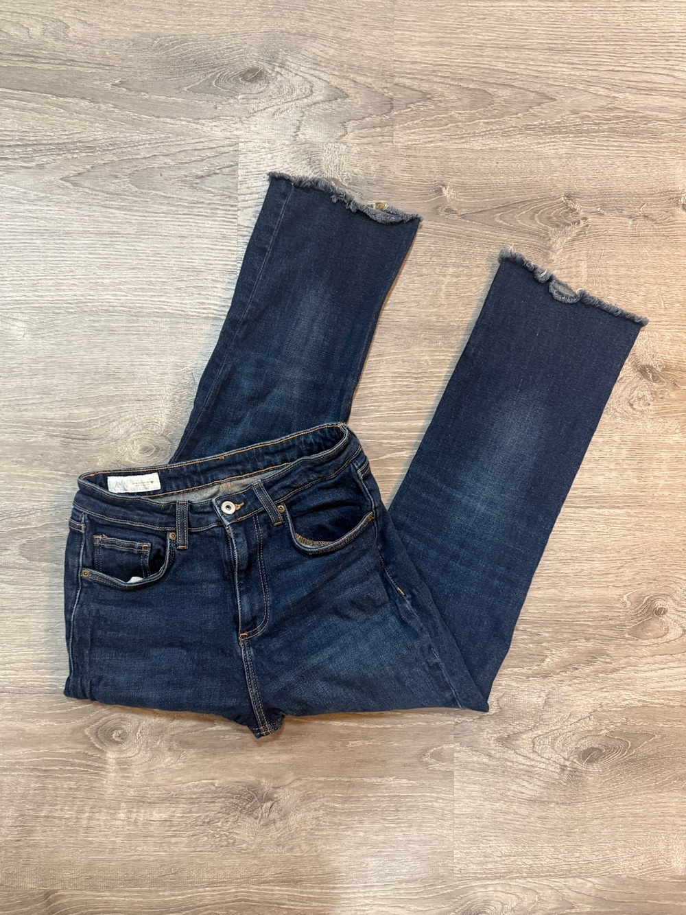 Zara Dark Indigo Straight-Leg Jeans with Frayed Hem
